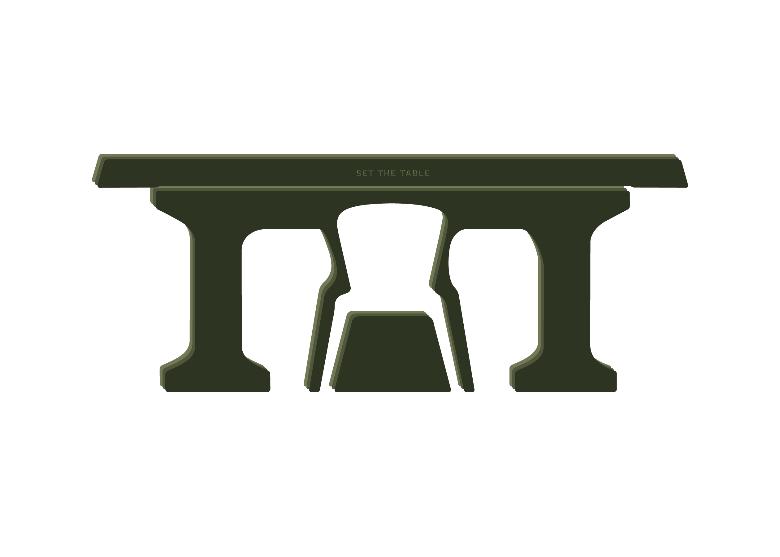 The Heirloom Vine Institute symbol: a long table with a single chair drawn up to it.